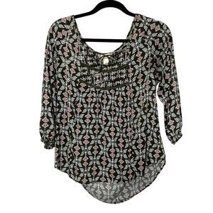 Women's Mossimo Supply Green Pink Blouse Top Shirt Floral Hippy Boho L Tie Neck